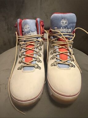 Timberland Cream Boots with Blue and Red Accents